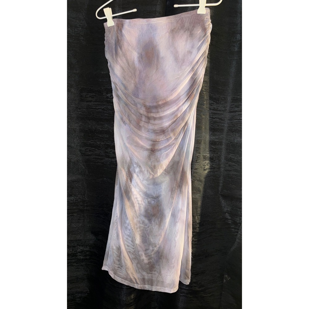RSQ Small Mesh Ruched Maxi Skirt Purple Gray Tie Dye Bodycon Stretch